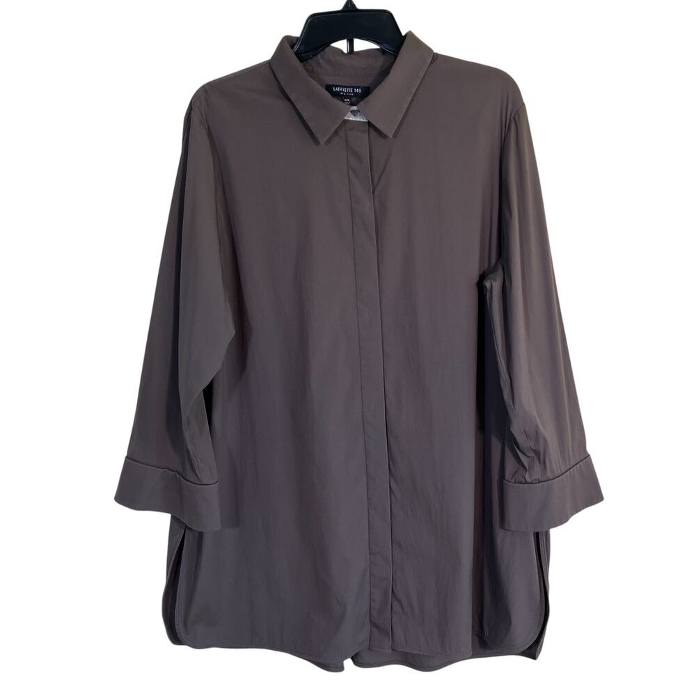 Lafayette 148 Womens XXL Taupe Brown Hip Length Button-Up Shirt Minimalist Clean